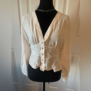 Free People Love Street Pink Ivory Polka Dot Long Sleeve Top Size Small
